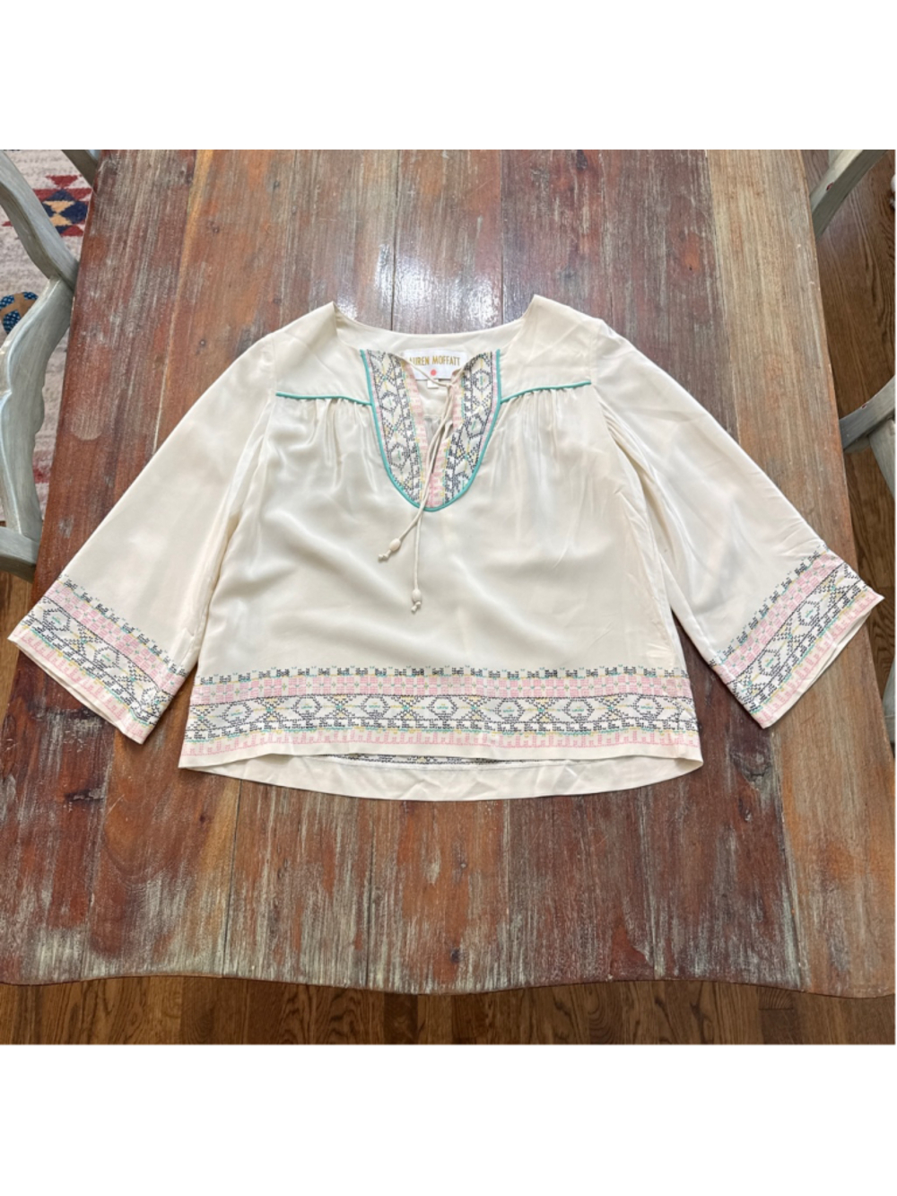 Lauren Moffatt 100% Silk Geometric Border Print Peasant Blouse Small Ivory Pink